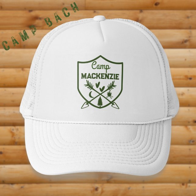 Camp Bachelorette Retro Badge Personalized Trucker Hat (Official Camp Bride logo with a shield and arrows. Hearts, campfire, tree, and moon. A charming cap.)