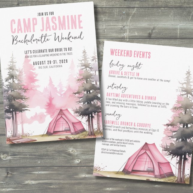 Camp Camping Weekend Bachelorette Party Invitation (Pink Girls Weekend Camp Bachelorette Party Invitation)