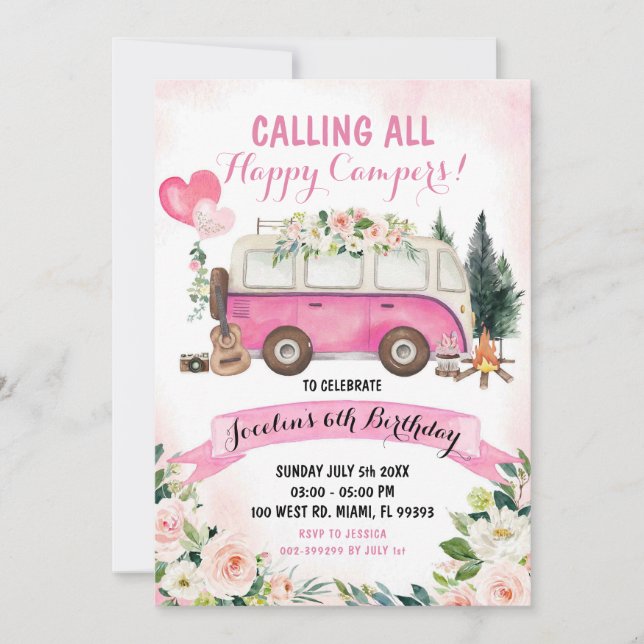Camp de filles roses sortie Invitation d'anniversa (Devant)