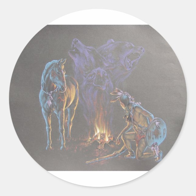 Camp Fire Native American Indian Warrior Classic Round Sticker (Front)