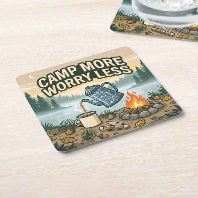 Camp More Worry Less Square Paper Coaster (Angled)