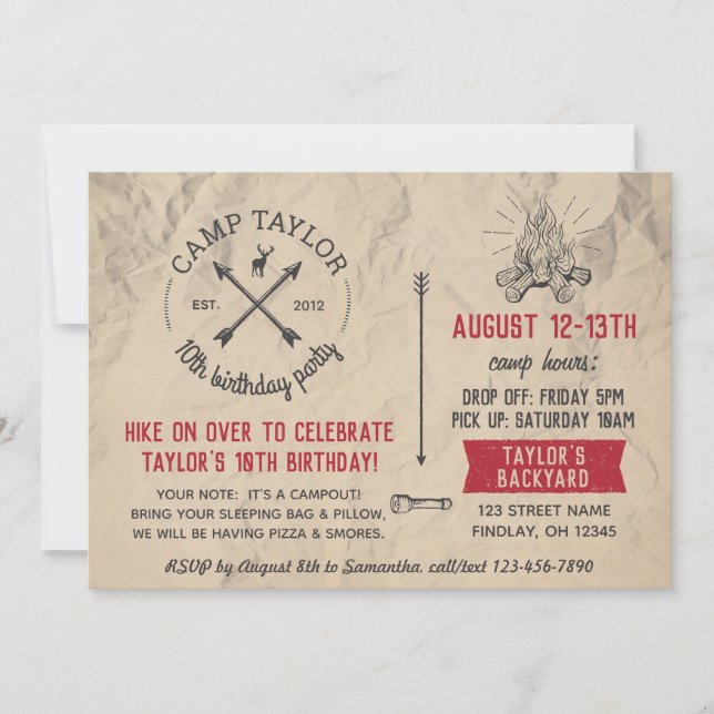 Camp Name Postcard Birthday Party Invitation (Front)