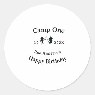 Camp one happy birthday name date campingadventure classic round sticker