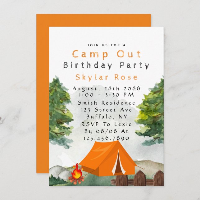 Camp Out Boy Invitation de fête d'anniversaire (Devant / Derrière)