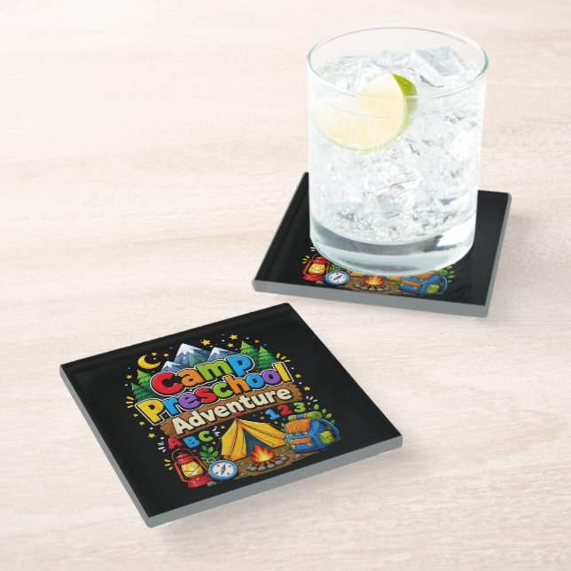 Camp Preschool Adventure Back to School First Day Glass Coaster (Angled)