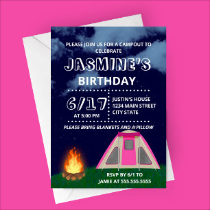 Camp rose dehors Invitation de fête d'anniversaire