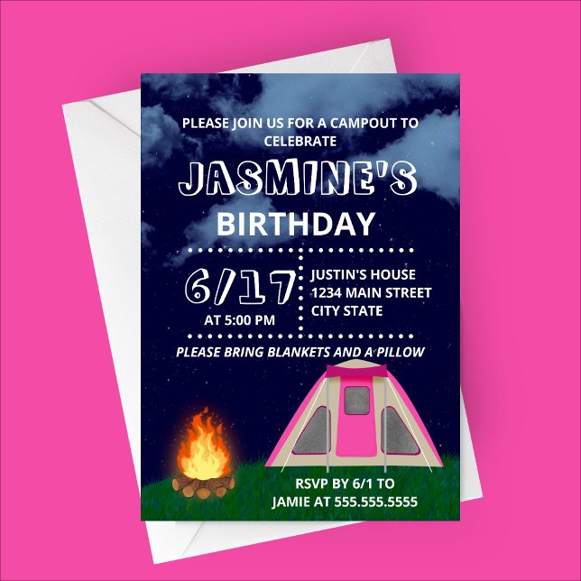 Camp rose dehors Invitation de fête d'anniversaire (Pink Camping Birthday Party Invitation)