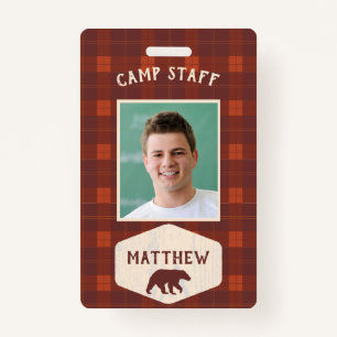 Camp Staff Rustic Flannel and Bear Photo ID Badge