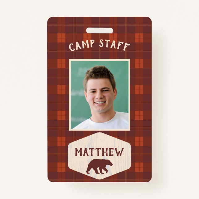 Camp Staff Rustic Flannel and Bear Photo ID Badge (Front)