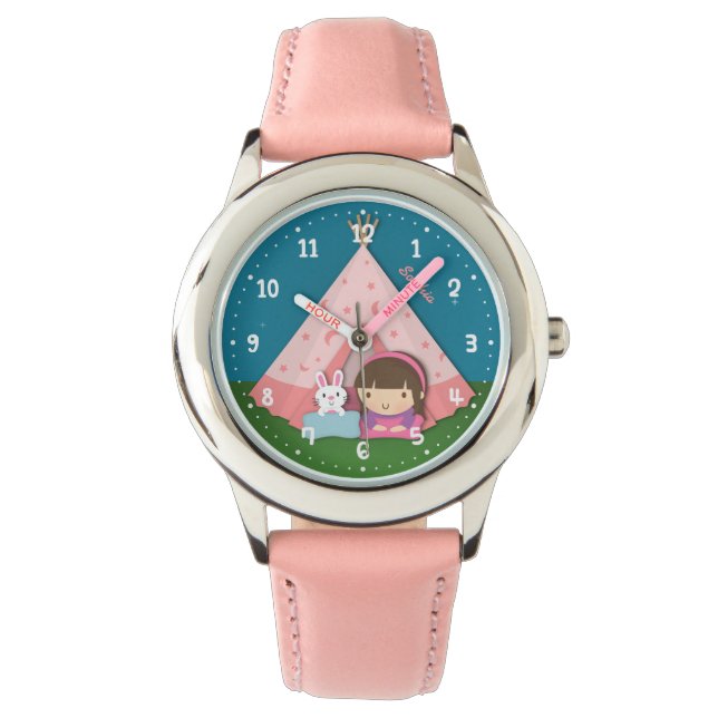 Camp Teepee Tent Bunny Girls Personalized Watch (Front)