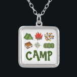 CAMP Tent Campfire Compass Camping Smores Necklace<br><div class="desc">Necklace features an original marker illustration of camping-themed items including a campfire,  smores,  trail mix,  tent,  compass,  and sleeping bag,  with CAMP in a fun font.</div>