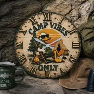 Camp Vibes Only Funny Camping Duck Rustic Outdoor  Large Clock