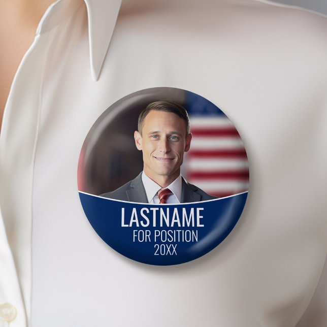 Campaign Photo with colour block - Blue and White 2 Inch Round Button (Custom Campaign Buttons - Make Your Own Election Swag)