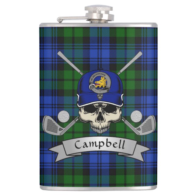Campbell Badge & Tartan Personalized Skull Golf Hip Flask (Front)