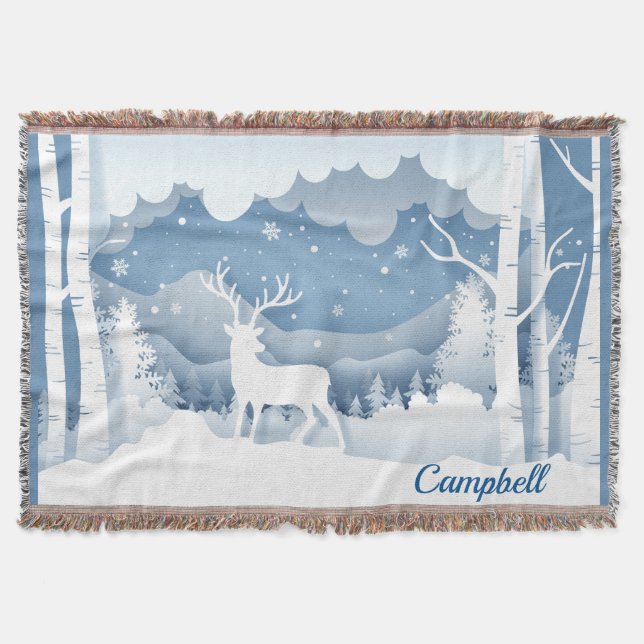 Campbell Personalized White Stag Winter Scene Throw Blanket (Front)