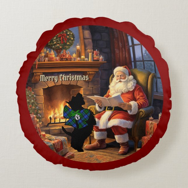 Campbell Scottie Dog & Santa Personalized Xmas Round Pillow (Front)
