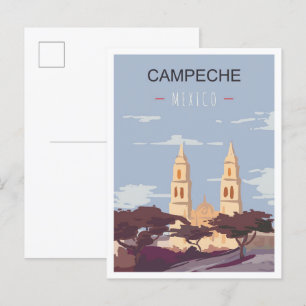 Campeche Mexico Art Vintage Travel Illustration Postcard