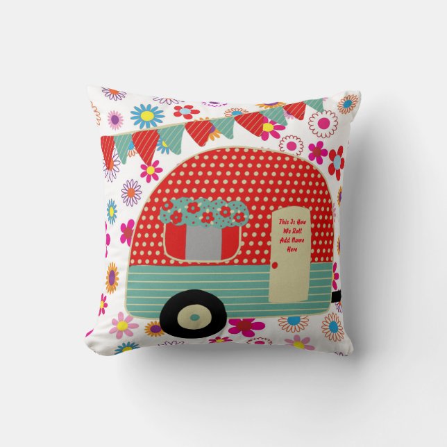 Camper Caravan Sayings Retro Red Green Custom Throw Pillow (Front)