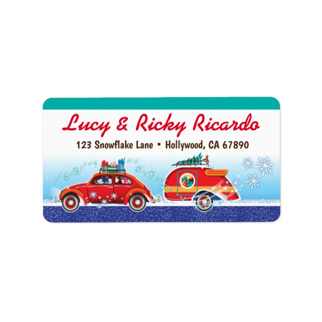 Camper + Classic Bug Car Christmas Card Label (Front)