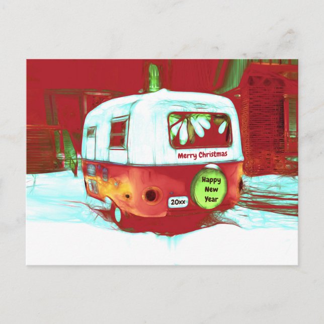 Camper Retro Christmas Red Green Vintage Holiday Postcard (Front)