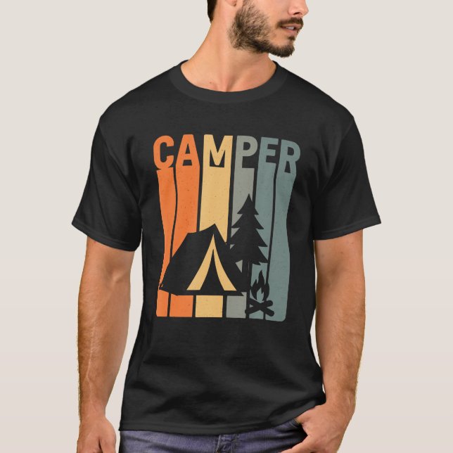 Camper Retro Funny Camping Tent Fire Pine Tree Out T-Shirt (Front)