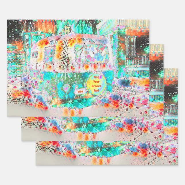 Camper Retro Hippie Green Groove And Vibe Pop Art Wrapping Paper Sheet (Set)