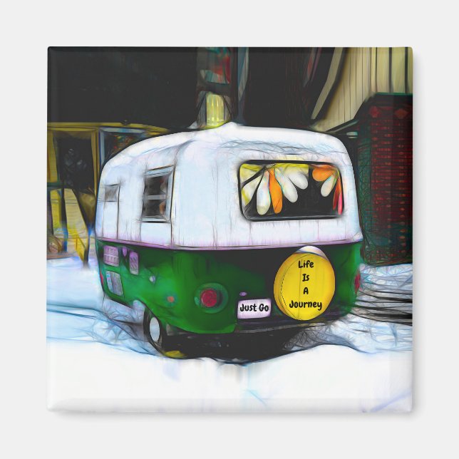 Camper Retro Hippie Life Is A Journey Just Go Magnet (Front)