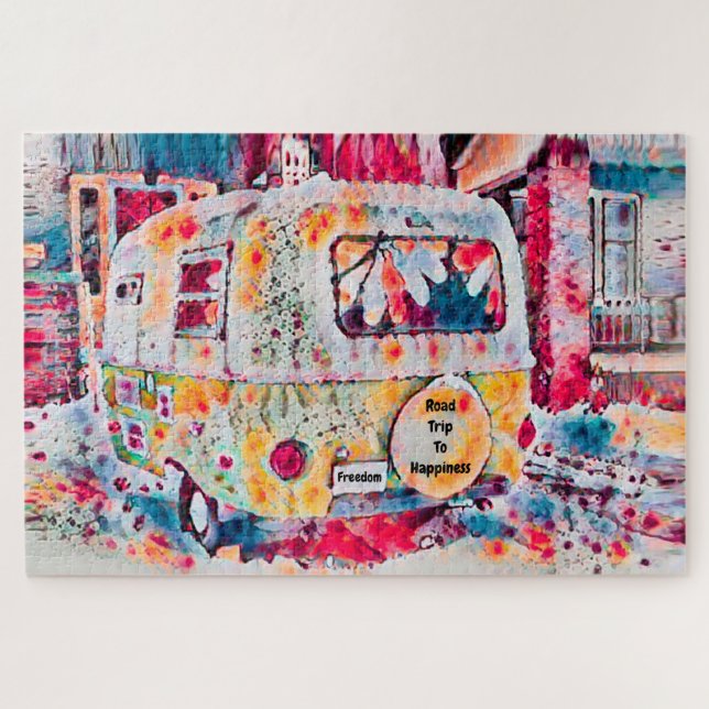 Camper Retro Hippie Road Trip To Happiness Freedom Jigsaw Puzzle (Horizontal)