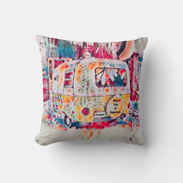 Camper Retro Hippie Road Trip To Happiness Freedom Throw Pillow (Front)