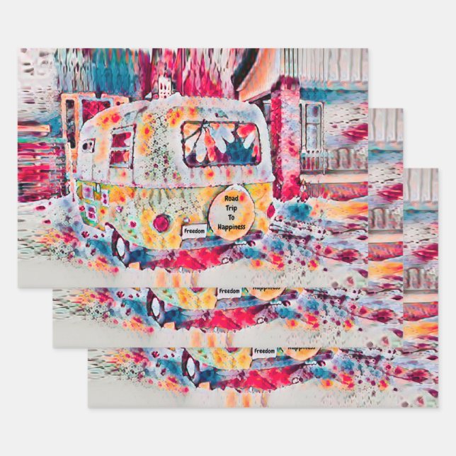 Camper Retro Hippie Road Trip To Happiness Freedom Wrapping Paper Sheet (Set)