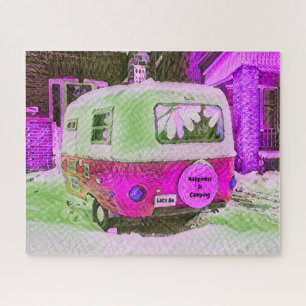 Camper Retro Vintage Hippie Happiness Is Camping Jigsaw Puzzle