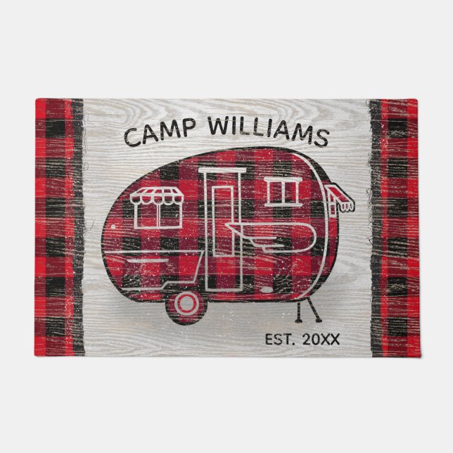 Camper Rustic Red Buffalo Plaid Monogram Name Doormat (Front)