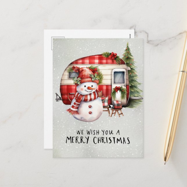 Camper Snowman Camping Christmas Themed  Holiday Postcard (Front/Back In Situ)
