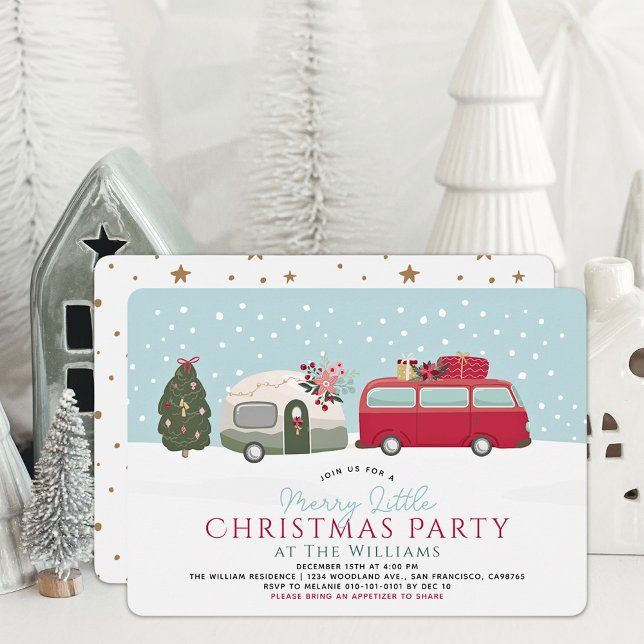 Camper Van Blue Merry Little Christmas Party Invitation (Creator Uploaded)