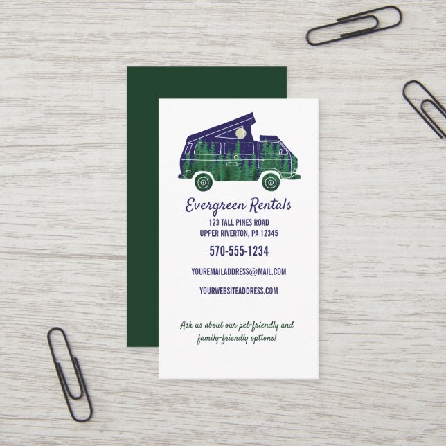 Camper Van Camping Woods Themed Business Card (Front/Back In Situ)