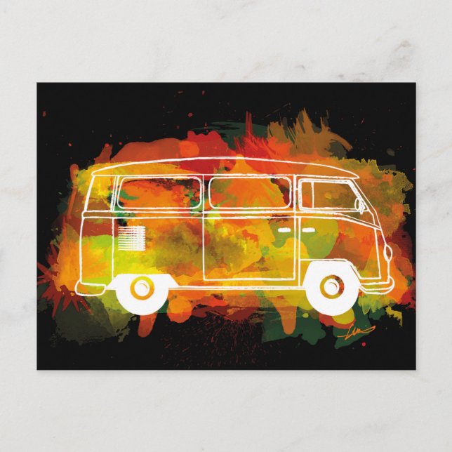 Camper Van Watercolour Black Postcard (Front)