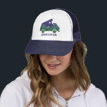 Camper Van with Pop Up Tent Custom Text Graphic Trucker Hat<br><div class="desc">Create a personalized gift for a custom souvenir from your own camping trip when you add your text to this baseball cap or trucker's hat. This hat features an illustration of a camper fan with a popup tent on the roof and is illustrated to look like a moonlit night in...</div>