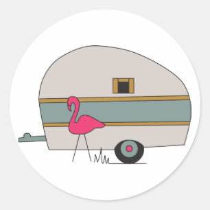 Camper With Flamingo Classic Round Sticker