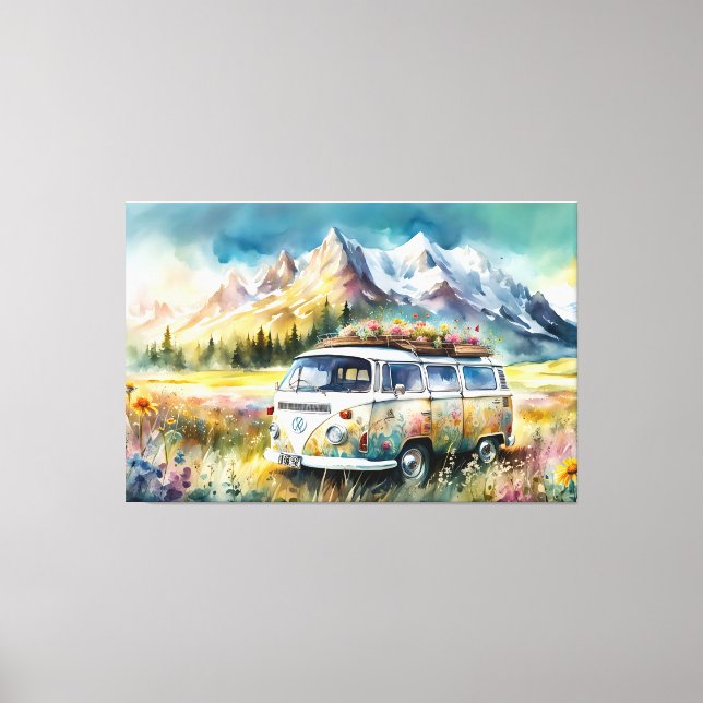 Campervan Bliss Retro Campervan In The Mountains Canvas Print (Front)