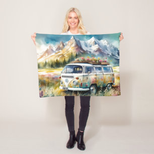 Campervan Bliss Retro Campervan In The Mountains Fleece Blanket