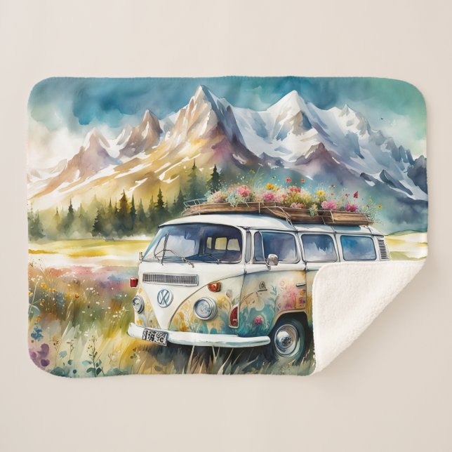 Campervan Bliss Retro Campervan In The Mountains Sherpa Blanket (Front (Horizontal))