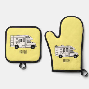 Campervan cartoon illustration oven mitt & pot holder set