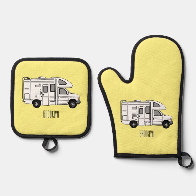 Campervan cartoon illustration oven mitt & pot holder set (Front)