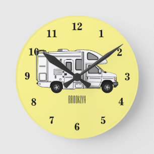 Campervan cartoon illustration round clock