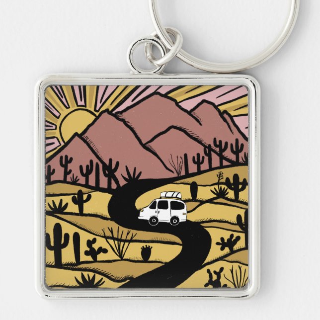 Campervan Desert Mountains Vanlife RV Sunrise Keychain (Front)