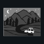 Campervan Mountains Vanlife RV Moon B&W Postcard<br><div class="desc">Check out this awesome postcard with drawings of mountains and a camper van. Add your own text. Check out my shop for butterflies,  birds,  RVs,  camping,  hiking,  flowers and lots more!</div>