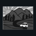 Campervan Mountains Vanlife RV Sunrise B&W Postcard<br><div class="desc">Check out this awesome postcard with drawings of mountains and a camper van. Add your own text. Check out my shop for butterflies,  birds,  RVs,  camping,  hiking,  flowers and lots more!</div>