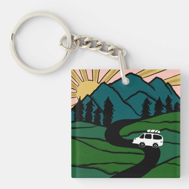 Campervan Mountains Vanlife RV Sunrise Keychain (Front)