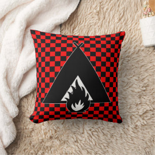 Campfire and Tent on Red and Black Checkerboard Throw Pillow