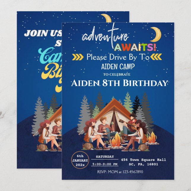 CAMPFIRE BIRTHDAY BASH, CAMPING ON MOUNTAINS  INVITATION (Front/Back)